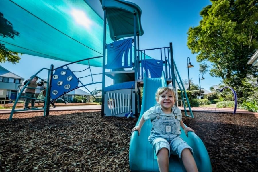 Children on the play equipment at Riverside Holiday Resort Urunga 900x600