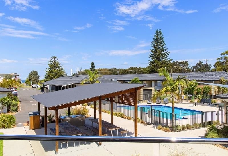Seaside Holiday Resort Fingal Bay sheltered BBQ area, pool and ocean
