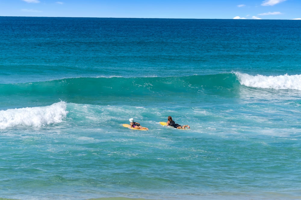 Sussex Inlet beach surfers paddling